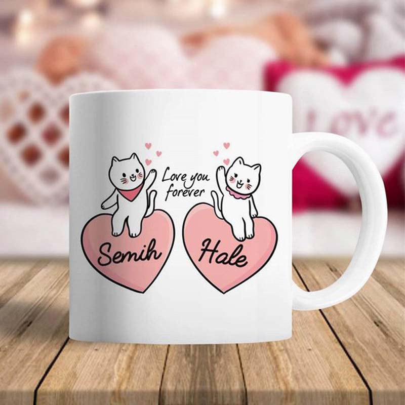 İsme Özel Aşk Kedileri Sevgiliye Hediye Kupa Bardak