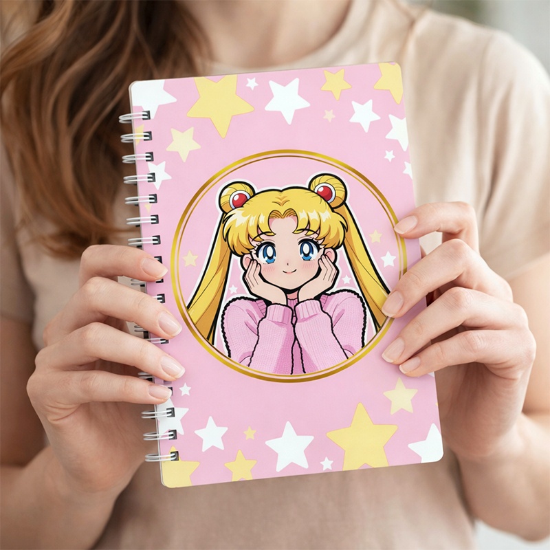 Sailor Moon Tasarımlı Pembe Yıldızlı Spiral Defter - Anime Temalı Defter